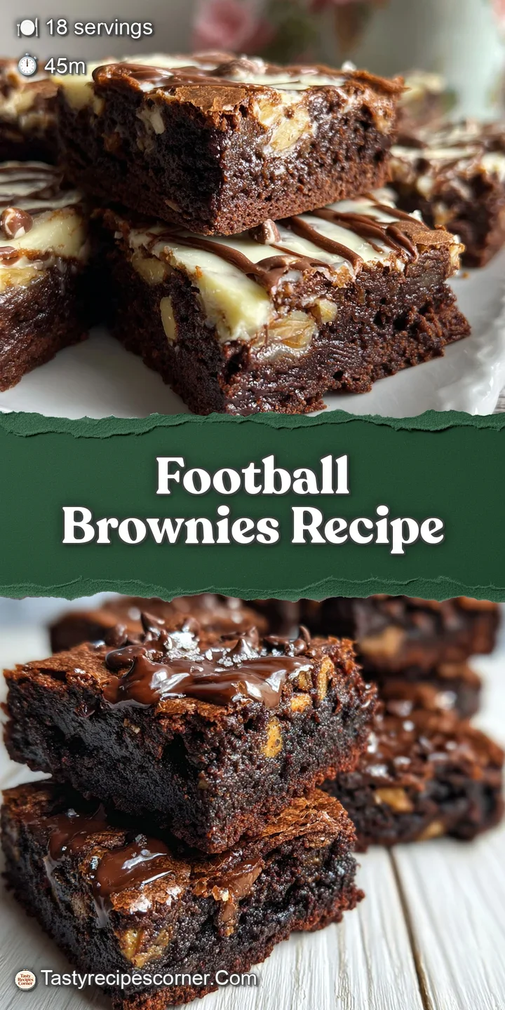 Close-up of a football brownie: rich, dark chocolate with piped white frosting details mimicking football laces. Fudgy and...