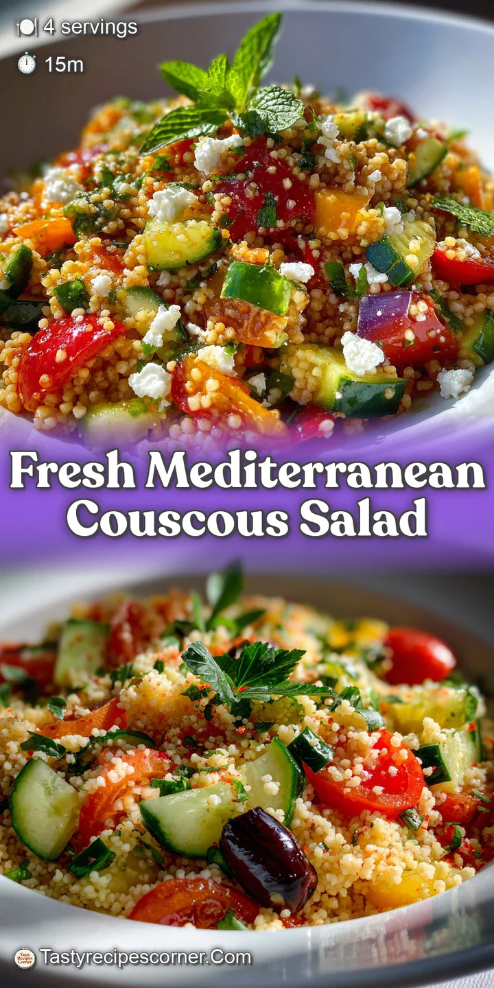 Close-up of Mediterranean couscous salad: glistening olive oil, bright red tomatoes, fresh parsley. Texture-rich and burst...