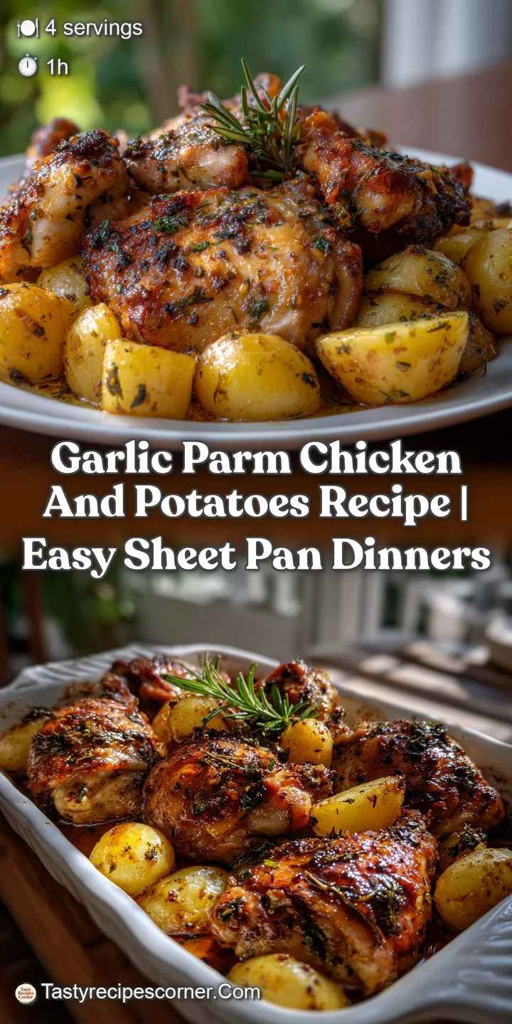 Golden, crispy-skinned chicken pieces atop roasted potatoes, dusted with parmesan cheese and fragrant herbs.