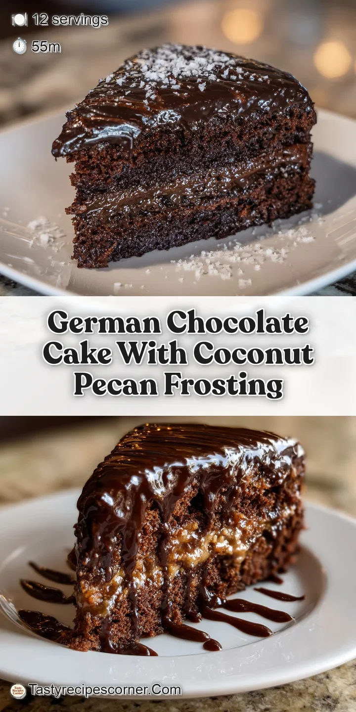 Close-up of German chocolate cake, revealing moist chocolate layers and glistening coconut pecan frosting. Intensely tempt...