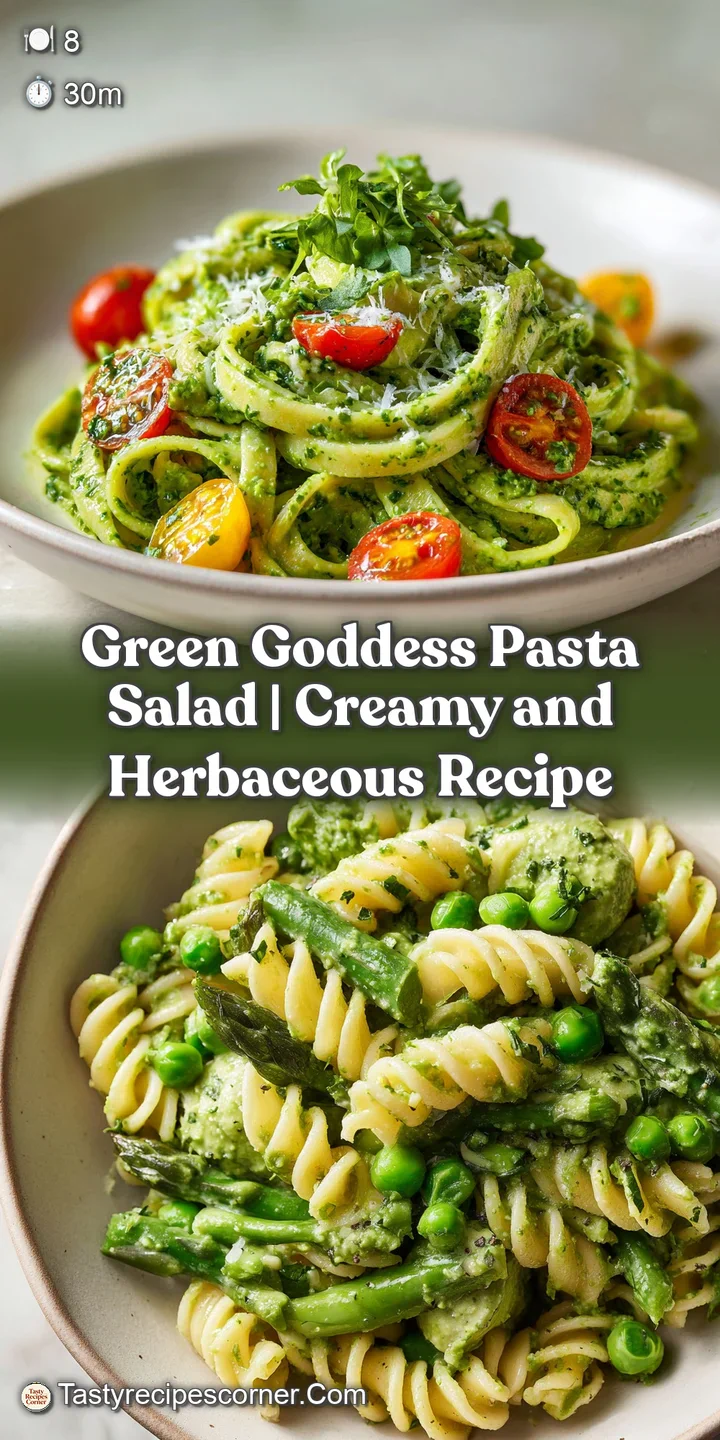 Close-up of creamy green pasta salad, highlighting flecks of fresh dill, chives, and crisp cucumber pieces.