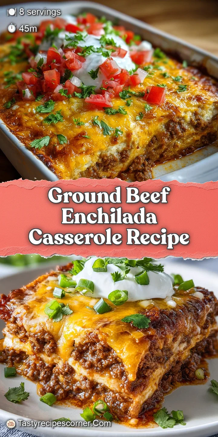 Close-up of a cheesy enchilada casserole, with swirls of red sauce and flecks of green herbs, enticing and flavorful.