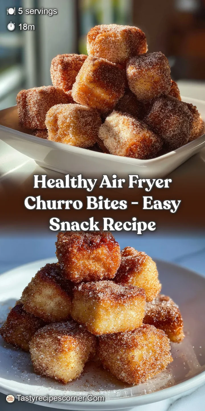 Close-up of air fryer churro bites: golden brown, crispy exterior with a light dusting of cinnamon and sugar, ready to eat.