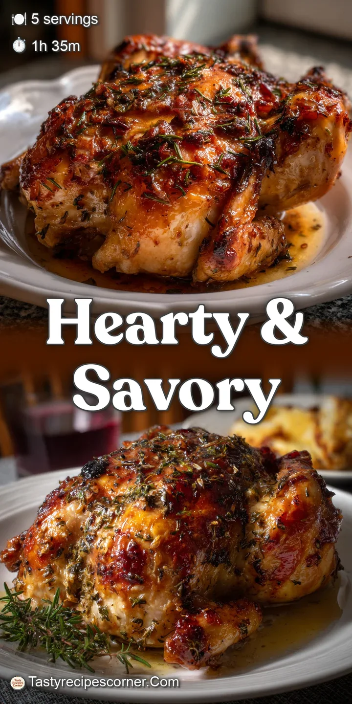 Close-up of juicy, glistening roasted chicken leg with perfectly crisped skin, contrasted with colorful roasted vegetables.