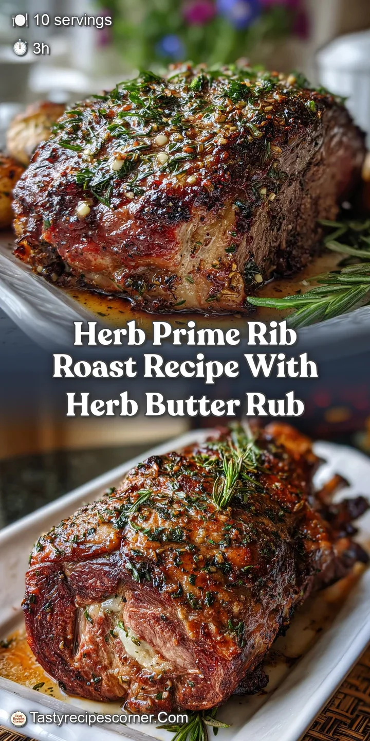 Close-up of a juicy, rosy prime rib slice showing herb crust and tender marbling. Glistening with savory juices. Irresisti...