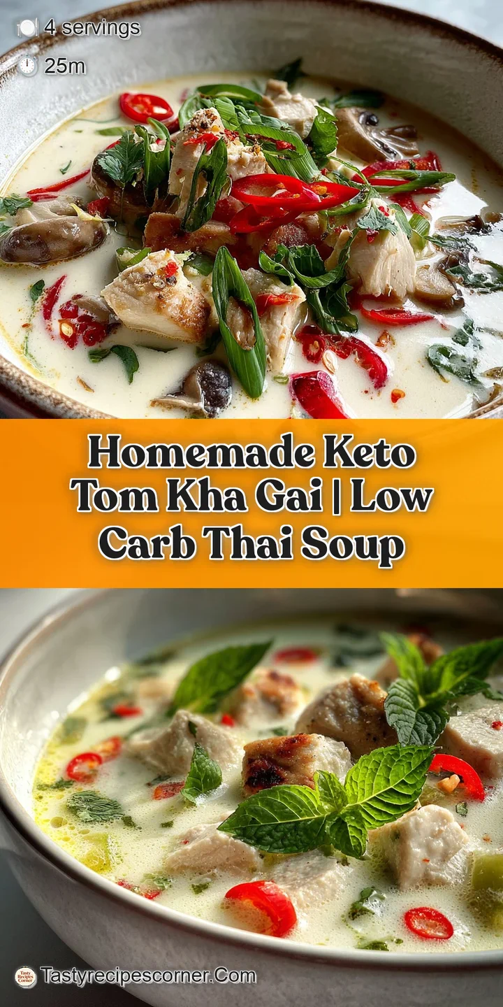 Close-up of Tom Kha Gai: juicy chicken, lemongrass, galangal root floating in a rich, vibrant, coconut broth with chili oi...