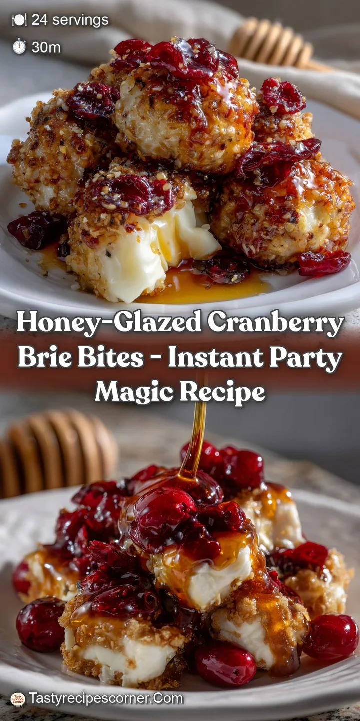 Close-up of a warm, bubbling brie bite, showcasing the tart, jewel-toned cranberries and the creamy, melted cheese. A deli...