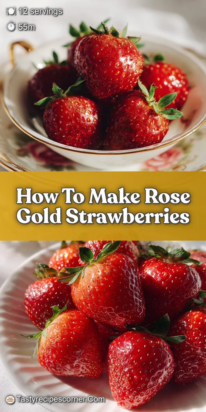 Close-up of a single perfect strawberry, enrobed in smooth, shiny rose-gold chocolate, reflecting light and hinting at a c...