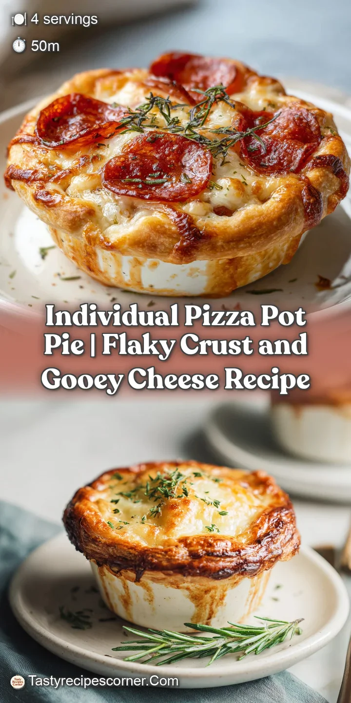 Close-up of a flaky, golden pastry lid cracked open to reveal melted mozzarella and a rich tomato filling, with hints of h...