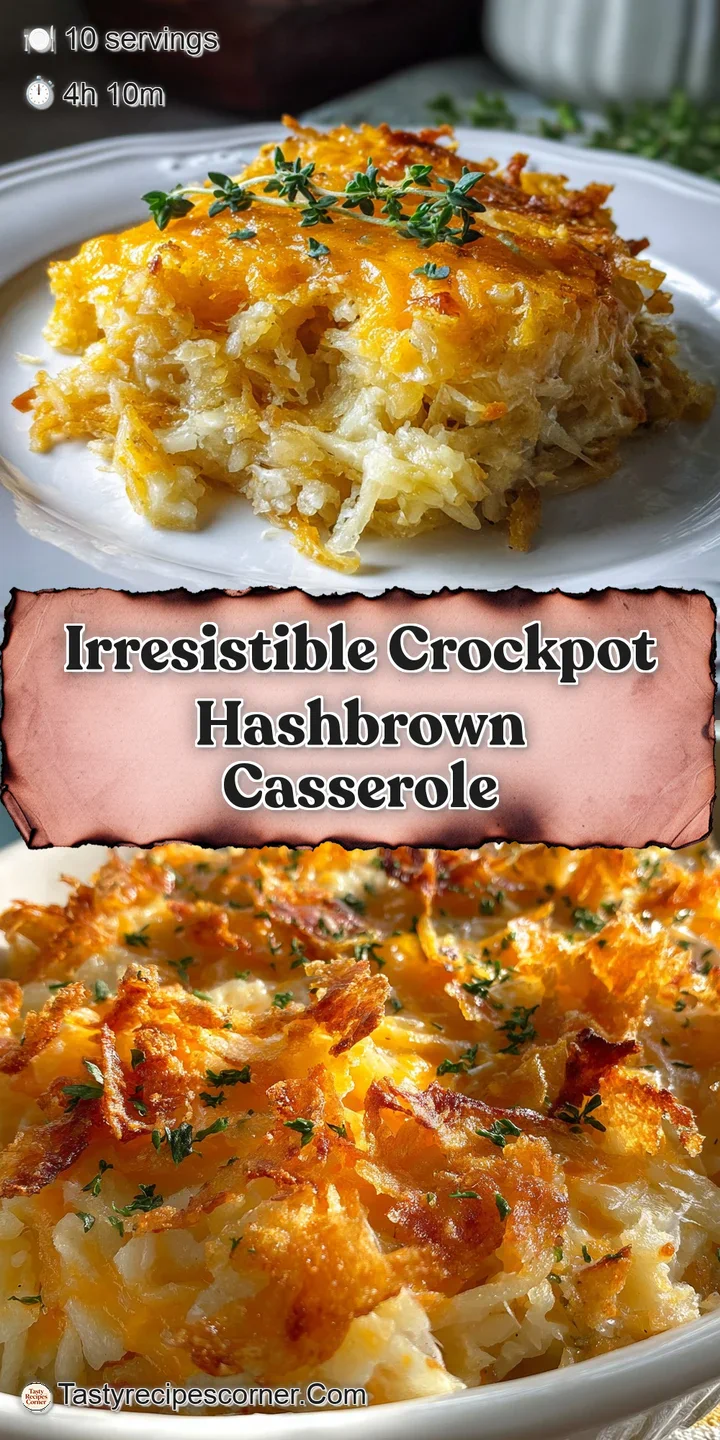 Close-up shot of bubbly, golden hashbrown casserole with crispy edges. The creamy interior looks warm and utterly delicious.