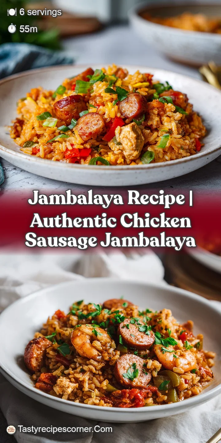 Close-up of fluffy rice, studded with chunks of succulent chicken, deep red sausage, and bright, charred peppers.