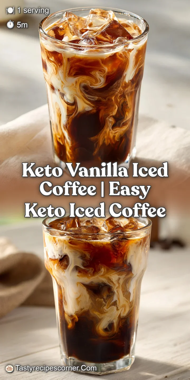 Close-up of creamy white swirls dancing through rich, dark coffee with glistening ice cubes and cold droplets.