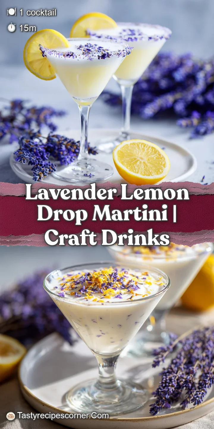 Close-up of a refreshing lemon drop martini. See the sugared rim and vibrant lavender sprig inside the pale yellow cocktail.