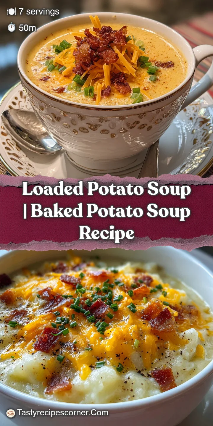 Close-up of thick potato soup, showcasing golden potato chunks and crispy bacon bits. Steaming and inviting comfort food.