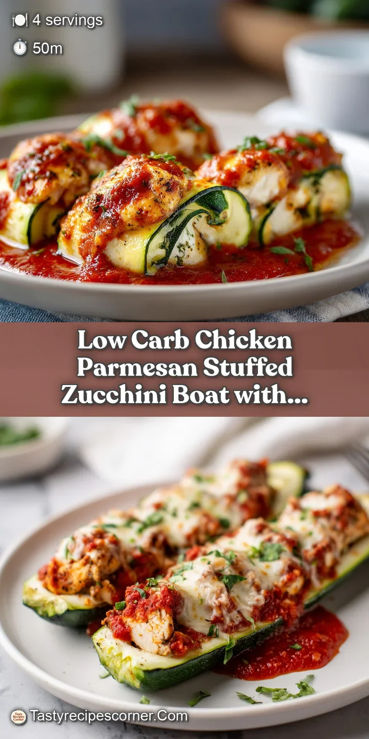 Close-up of a cheesy, golden chicken parmesan topping on a tender zucchini boat, with melted mozzarella strands.