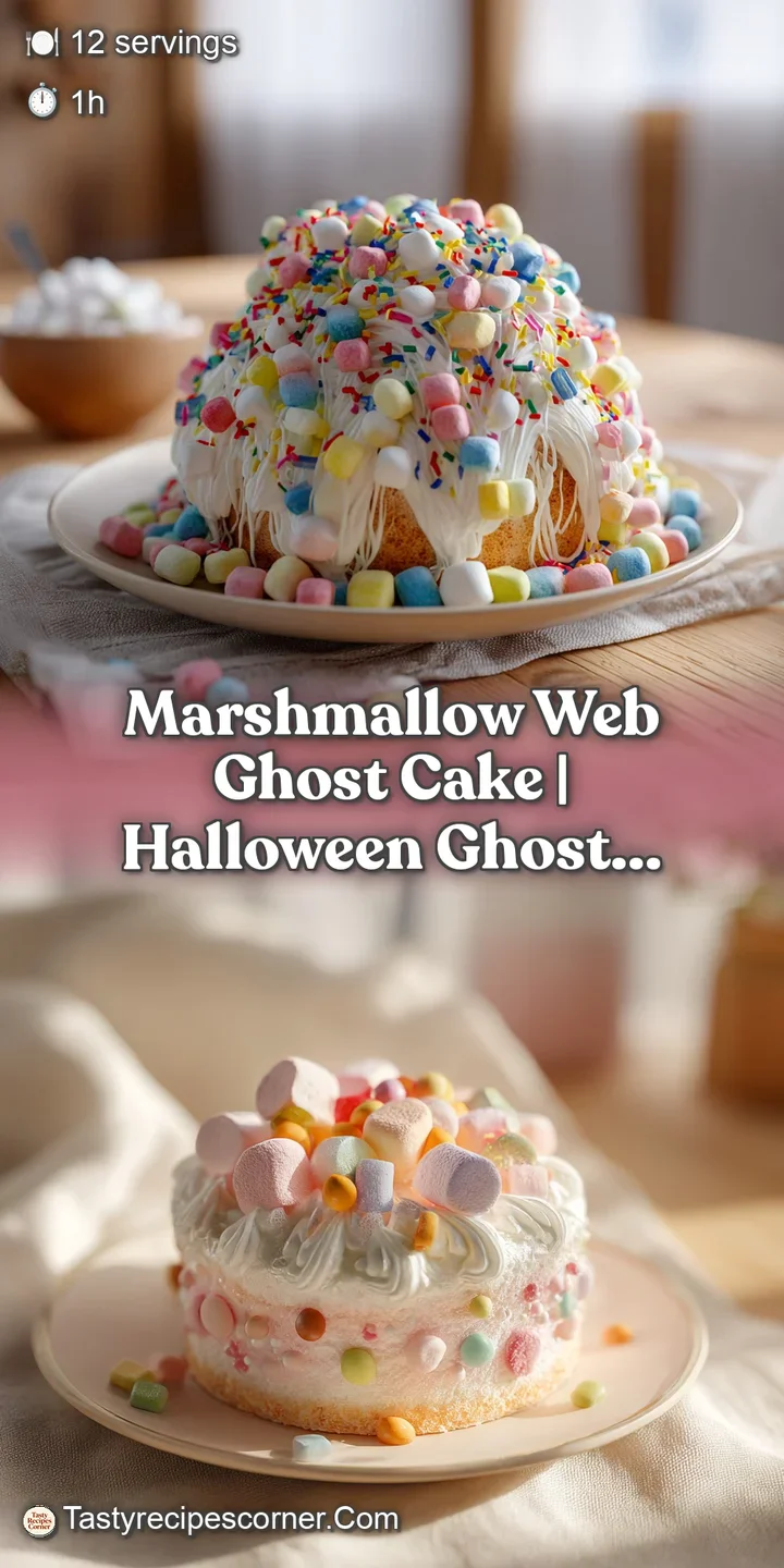Close-up of a moist cake reveals fluffy white frosting, a gooey marshmallow web, and a whimsical candy ghost decoration.
