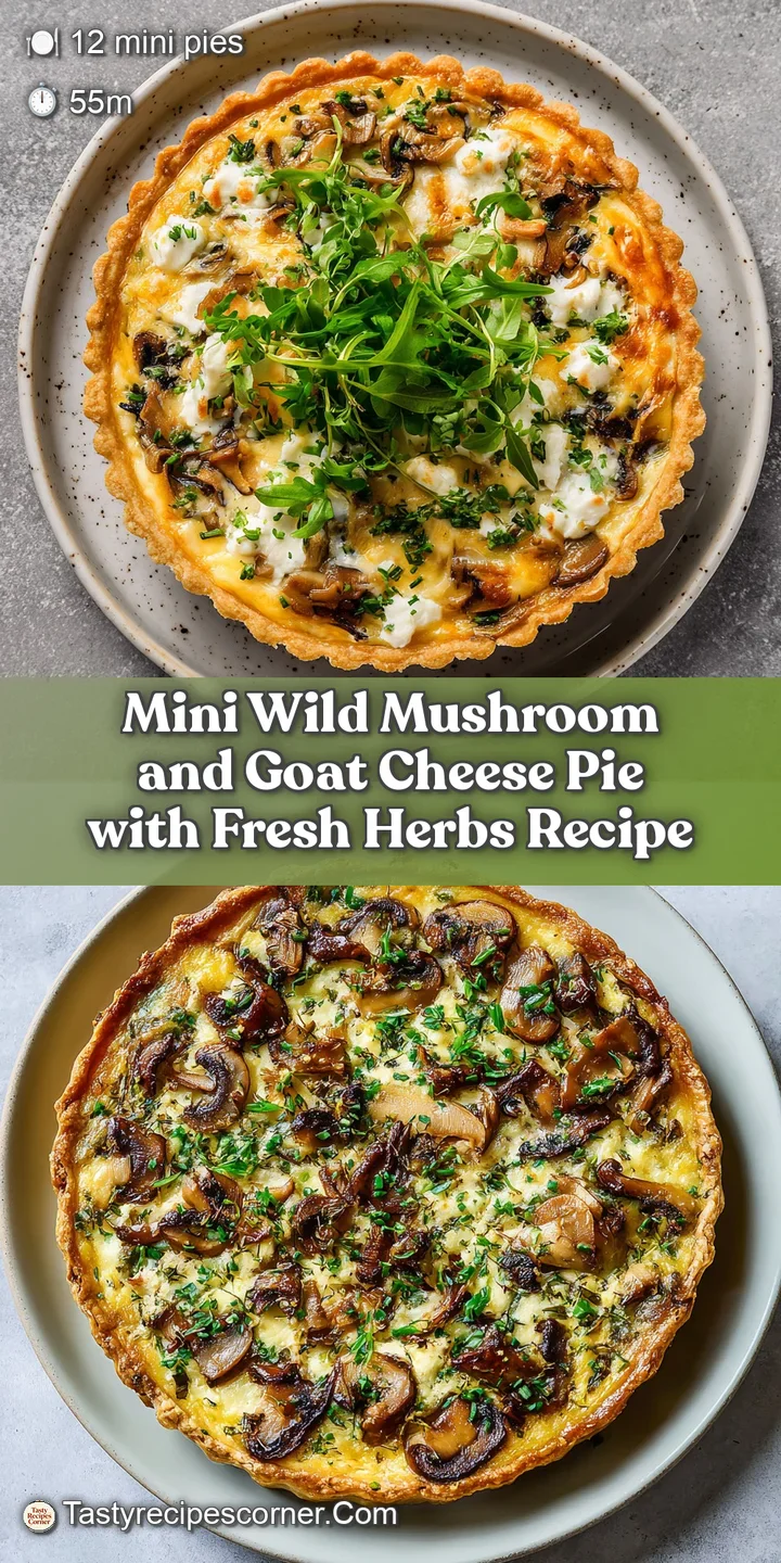 Close-up of a warm mini pie; crust is golden and flaky, with savory mushrooms and tangy goat cheese visible inside the crust.