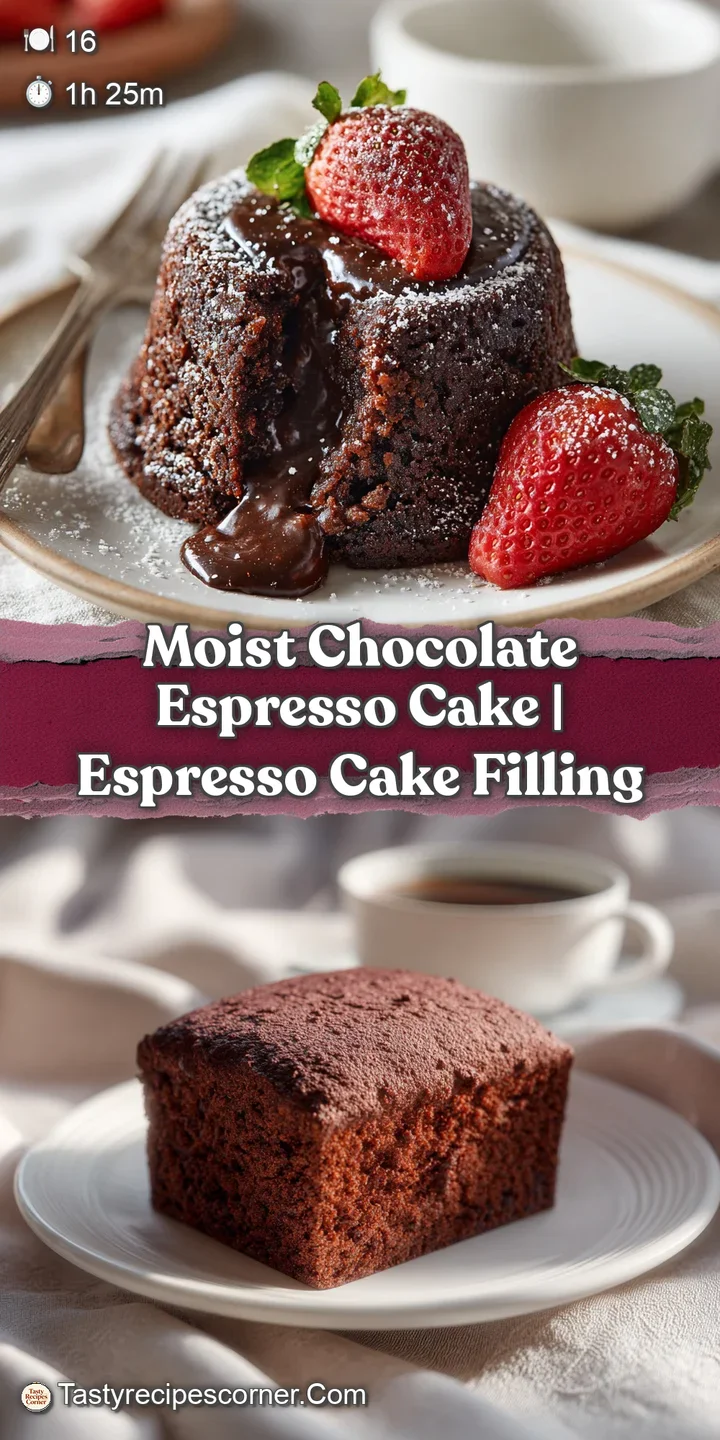 Close-up of a fudgy espresso cake; glistening frosting catches the light. Hints of coffee and cocoa entice the senses.