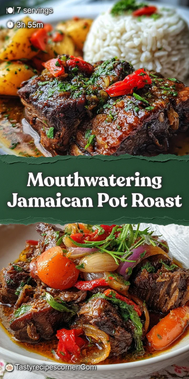 Close-up showcases the shredded, juicy texture of Jamaican pot roast, saturated with a glistening, flavorful dark brown sa...