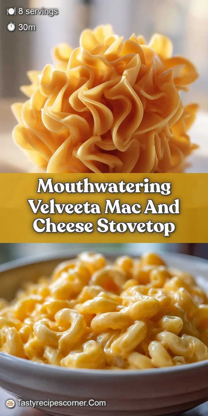 Close-up of luscious, smooth Velveeta mac & cheese, glistening with melted cheese and a slightly browned surface.