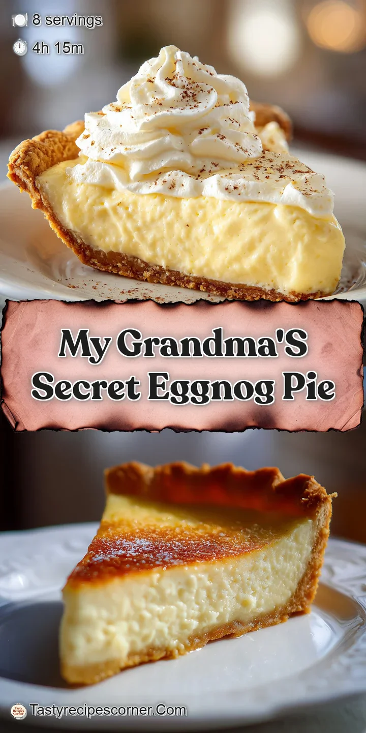 Close-up of a luscious eggnog pie slice. Creamy filling contrasts with the flaky crust, hint of spice from a dusting of nu...