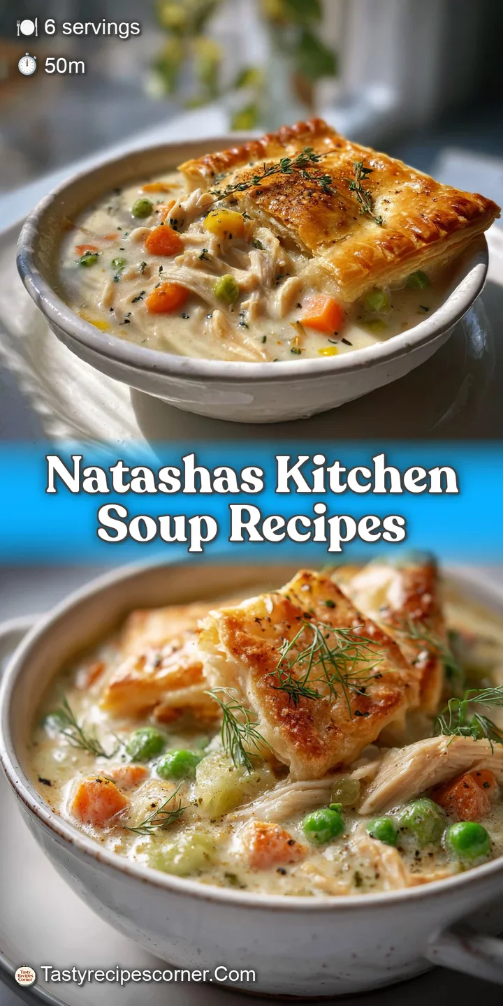 Close-up: Steaming, creamy chicken pot pie soup, studded with vibrant green peas and diced carrots, promising comfort.