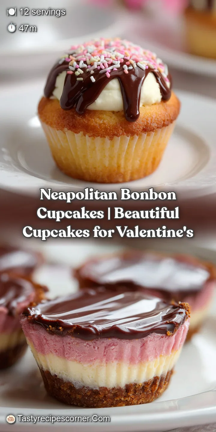 Close-up of a Neapolitan cupcake: pink, chocolate, vanilla frosting swirl. Sprinkles add a sugary crunch, tempting treat.