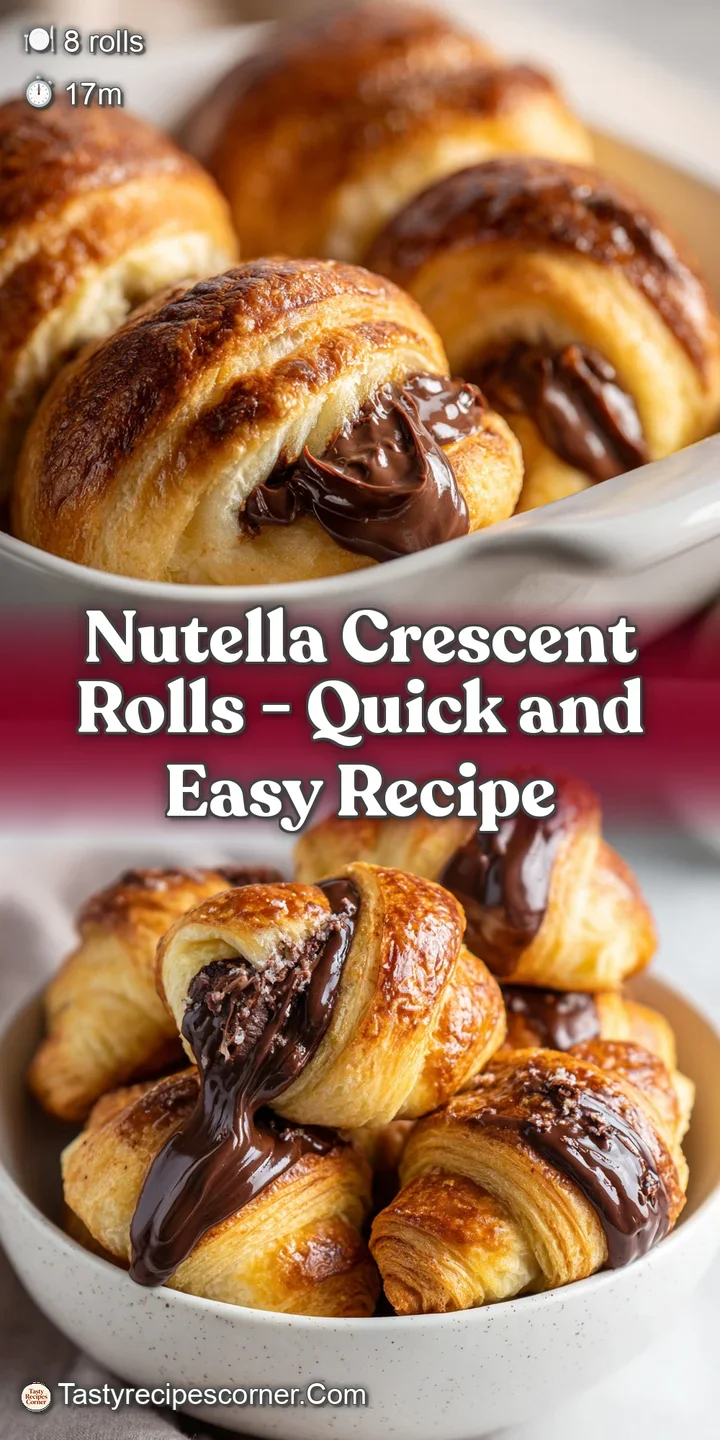 Close-up of a freshly baked crescent roll, showing the glossy, melting Nutella oozing from the flaky pastry layers.