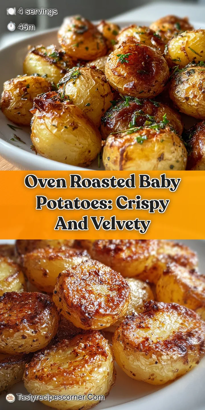 Close-up of roasted baby potatoes, their skins blistered and speckled with herbs, showing a tempting, crunchy texture and ...