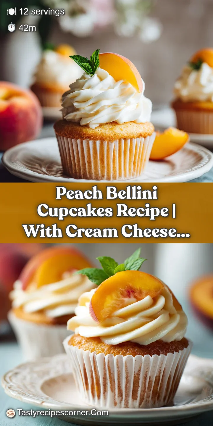 Close-up of a Bellini cupcake; soft, moist cake with a swirl of creamy frosting & delicate sugared peach topping.
