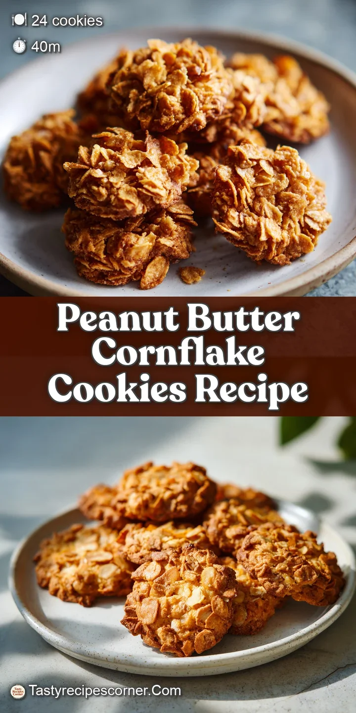 Close-up of a crunchy peanut butter cornflake cookie. Irregular shapes with visible flakes, a warm brown color, and a temp...