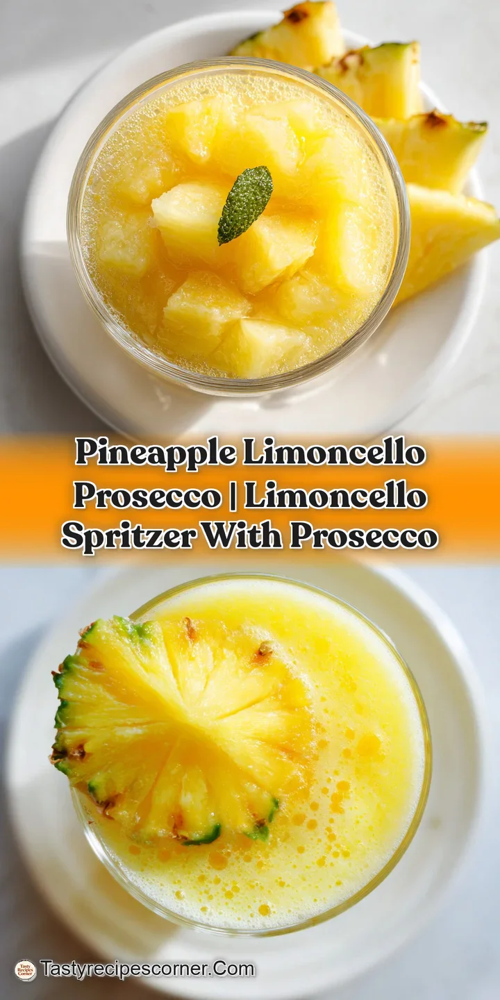 Close-up of vibrant yellow limoncello and fizzy Prosecco in a chilled glass, with a pineapple wedge.