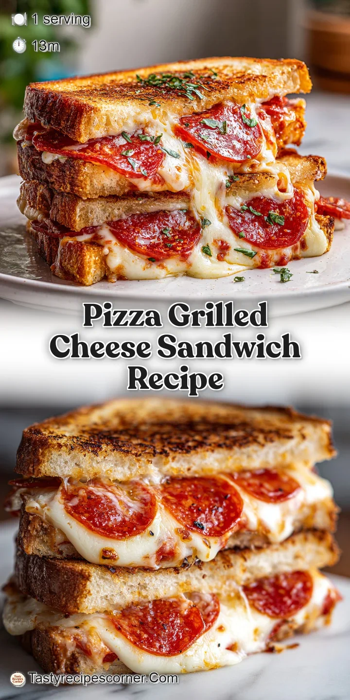 Close-up of a warm, gooey grilled cheese sandwich with melted mozzarella, pepperoni and tomato sauce, revealing toasted br...