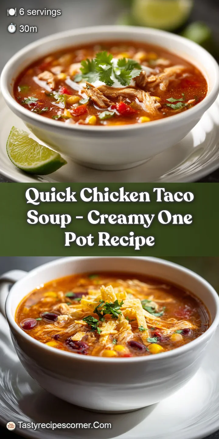Close-up of flavorful chicken taco soup. Red tomatoes, green cilantro, and a swirl of cream create a visually appealing sp...