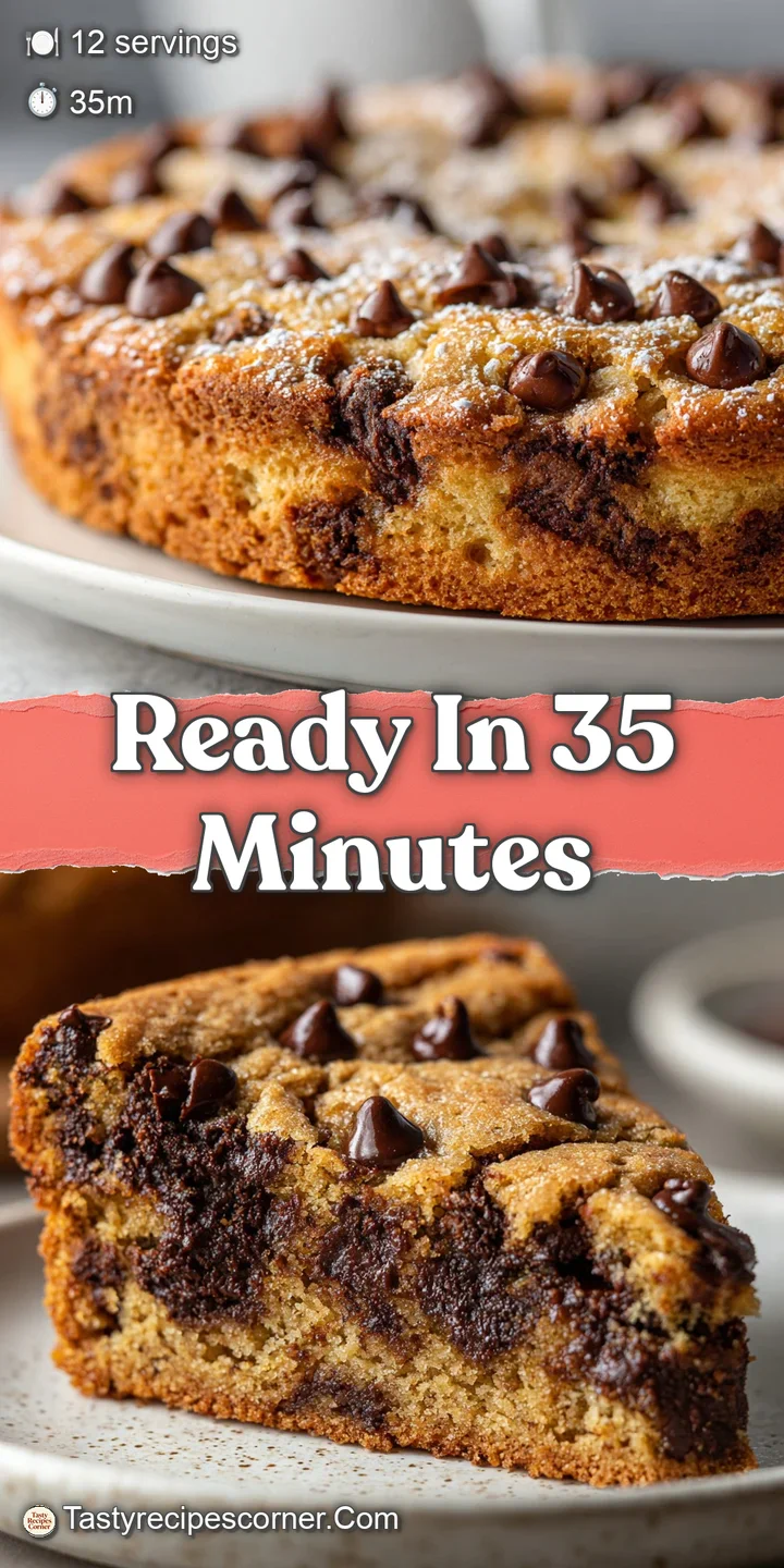 Close-up on a chocolate chip cookie cake slice: gooey, soft, and studded with rich, dark chocolate melting over golden edges.