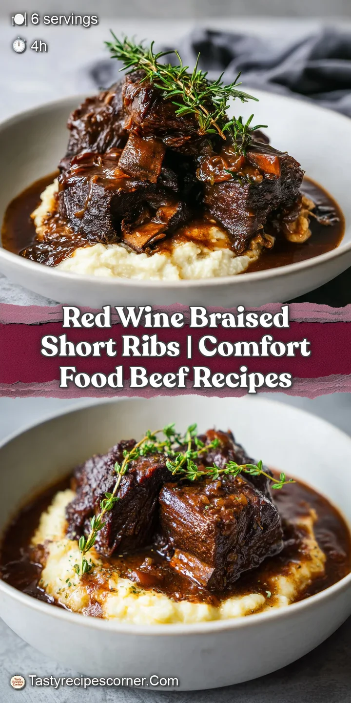 Close-up of fork-tender short rib falling off the bone, bathed in a glossy, savory red wine reduction.