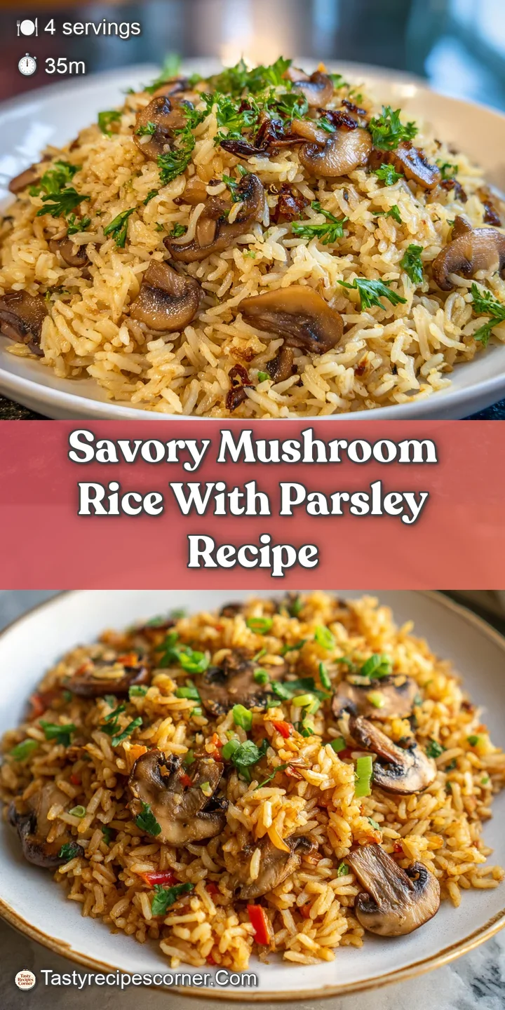 Close-up of savory mushroom rice with visible grains and browned mushroom pieces, a comforting, warm dish.