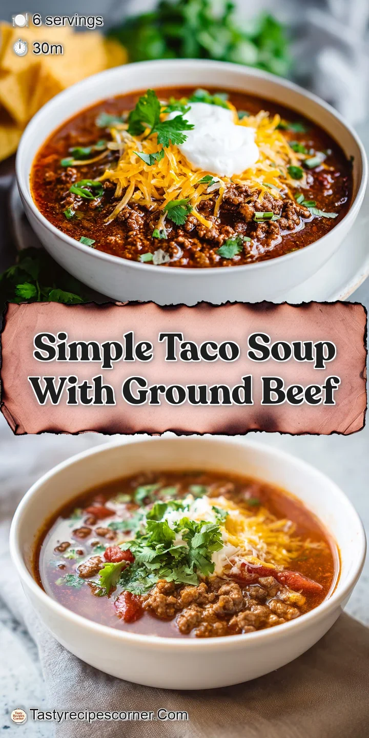 Close-up of steaming taco soup: rich broth, crumbled beef, colorful veggies, and melted cheese for a warm, inviting feel.