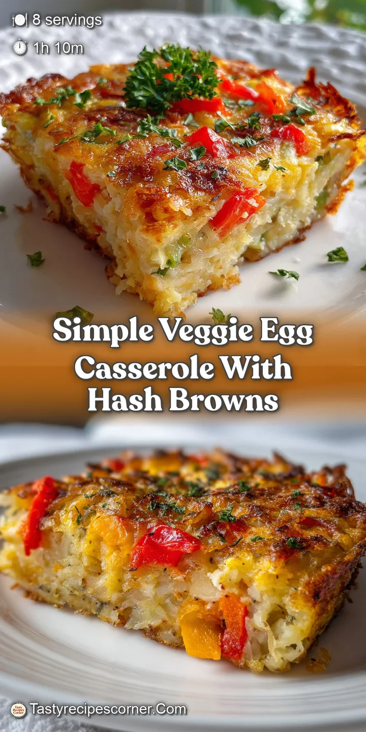 Close-up: Tender veggie egg casserole with visible colorful vegetables and crispy edges; steam rising evokes warmth.