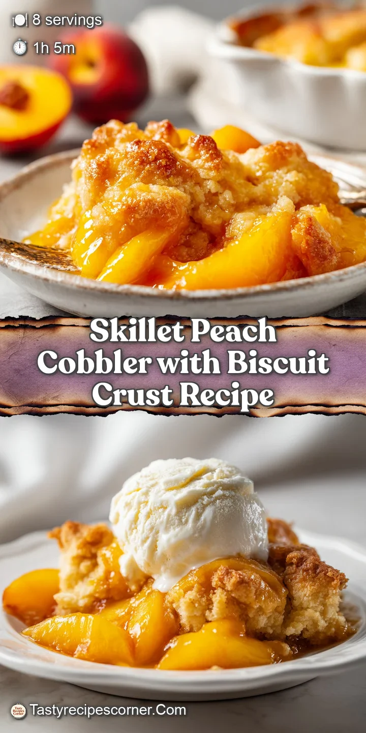 Close-up of a warm skillet peach cobbler, with sugary biscuit crust and golden, syrupy peaches. Bubbling juices hint at sw...