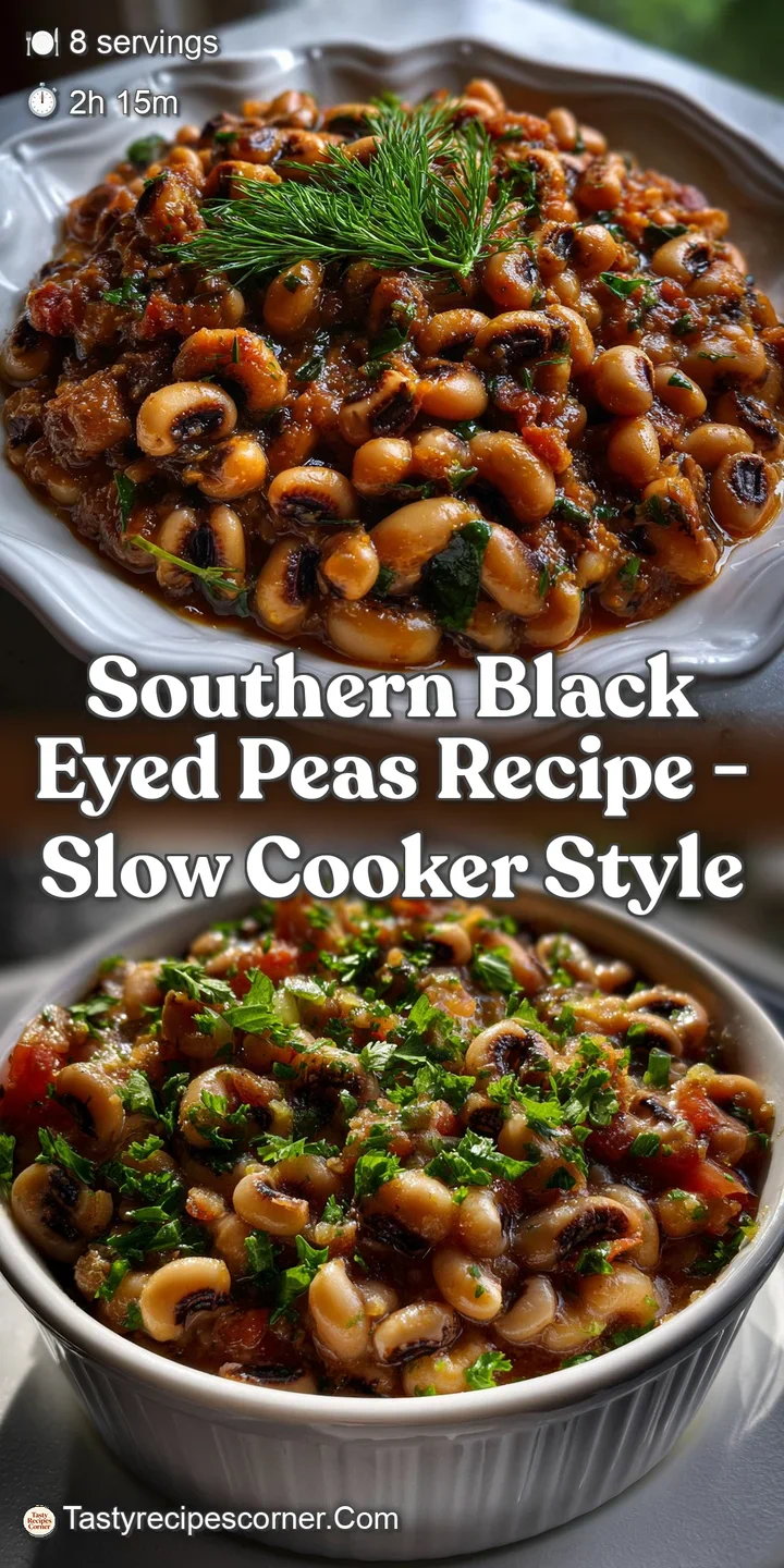 Close-up of tender black-eyed peas, glistening with flavorful broth. Smoky aroma apparent. A few vibrant green herbs offer...