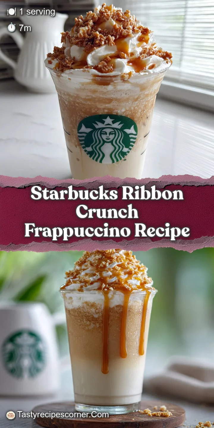 Close-up of a creamy, frosty blended drink. Caramel ribbons cascade through the swirl, topped with golden, crunchy bits. R...