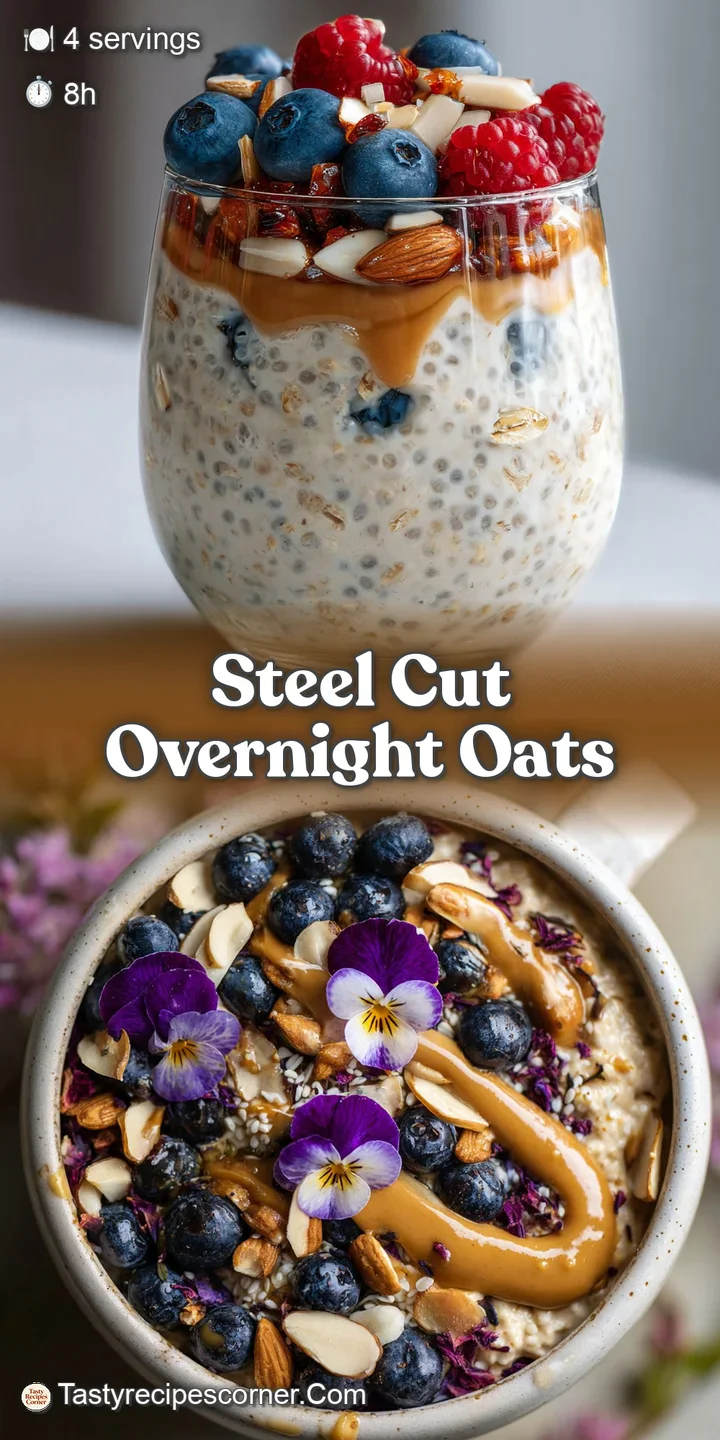 Close-up of thick, hearty steel-cut oats with juicy blueberries and slivered almonds. A nourishing and flavorful morning t...
