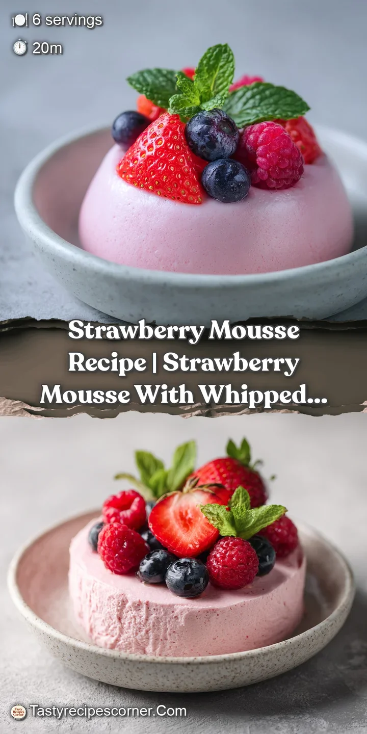 Macro shot of airy, rosy-pink mousse showing a smooth, velvety texture topped with a glistening strawberry slice.