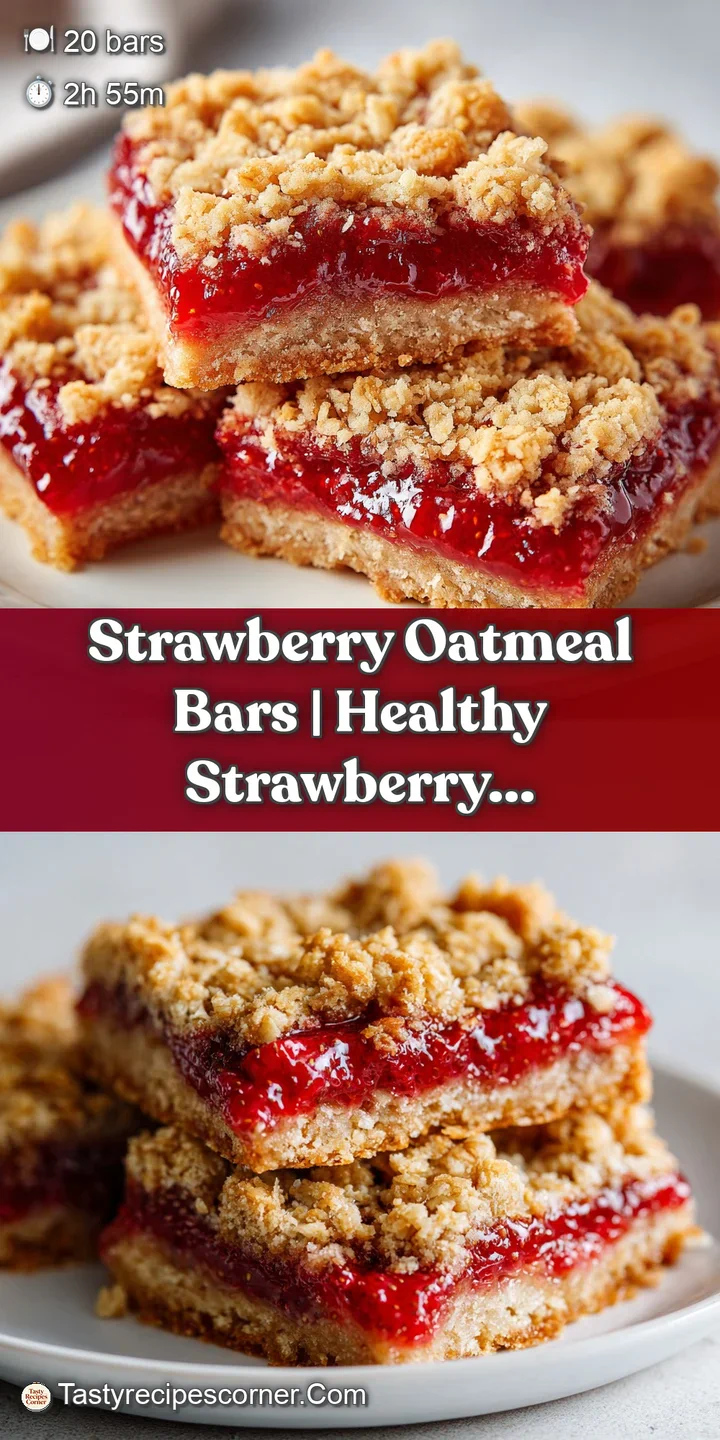 Close-up of gooey red strawberry filling glistening between layers of golden-brown, textured oat crumble.