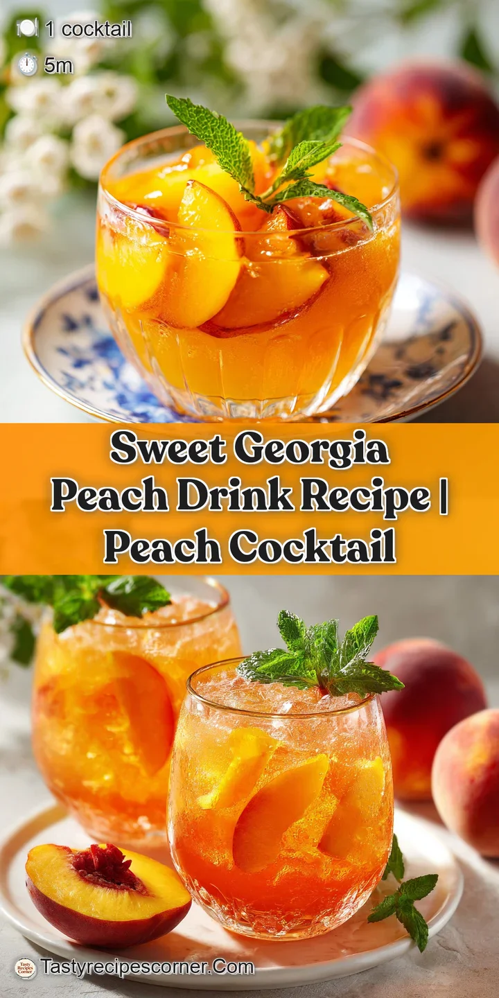 Close-up of a refreshing peach cocktail swirling with ice, highlighting the juicy peach color and subtle bubbles near the ...