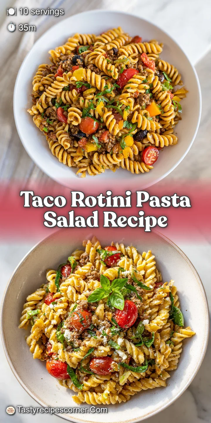 Close-up of creamy taco rotini pasta salad. You can see the vibrant colors and fresh textures of corn, beans, and tomato.