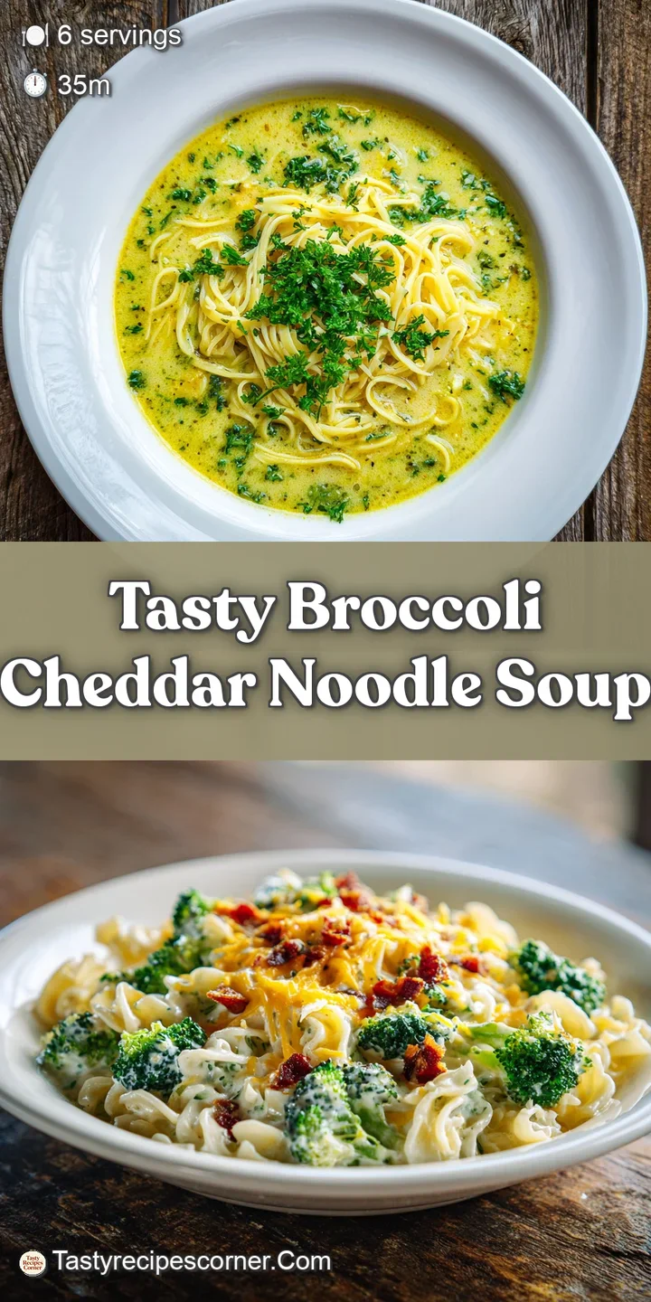 Close-up of broccoli cheddar noodle soup: Cheesy, creamy broth with soft noodles and vibrant green broccoli pieces floatin...