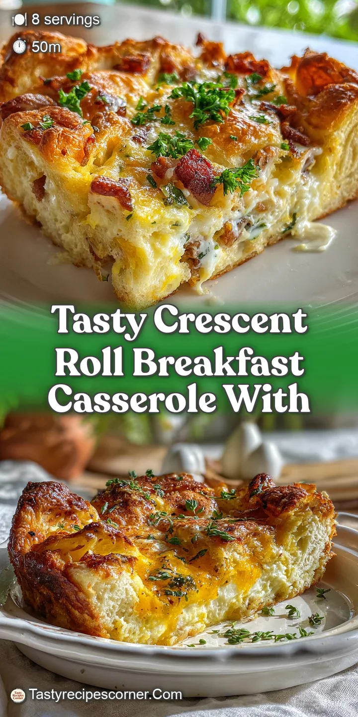 Close-up of bubbly, golden-brown breakfast casserole, oozing with melted cheese, showcasing the savory sausage and flaky c...