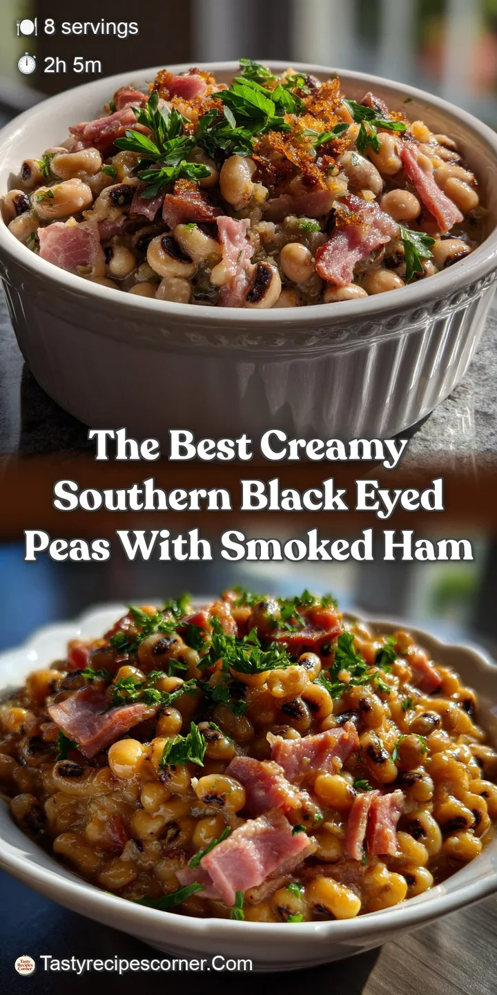 A close-up of steaming black-eyed peas, revealing tender textures and a savory, smoky aroma, with bits of ham visible in t...